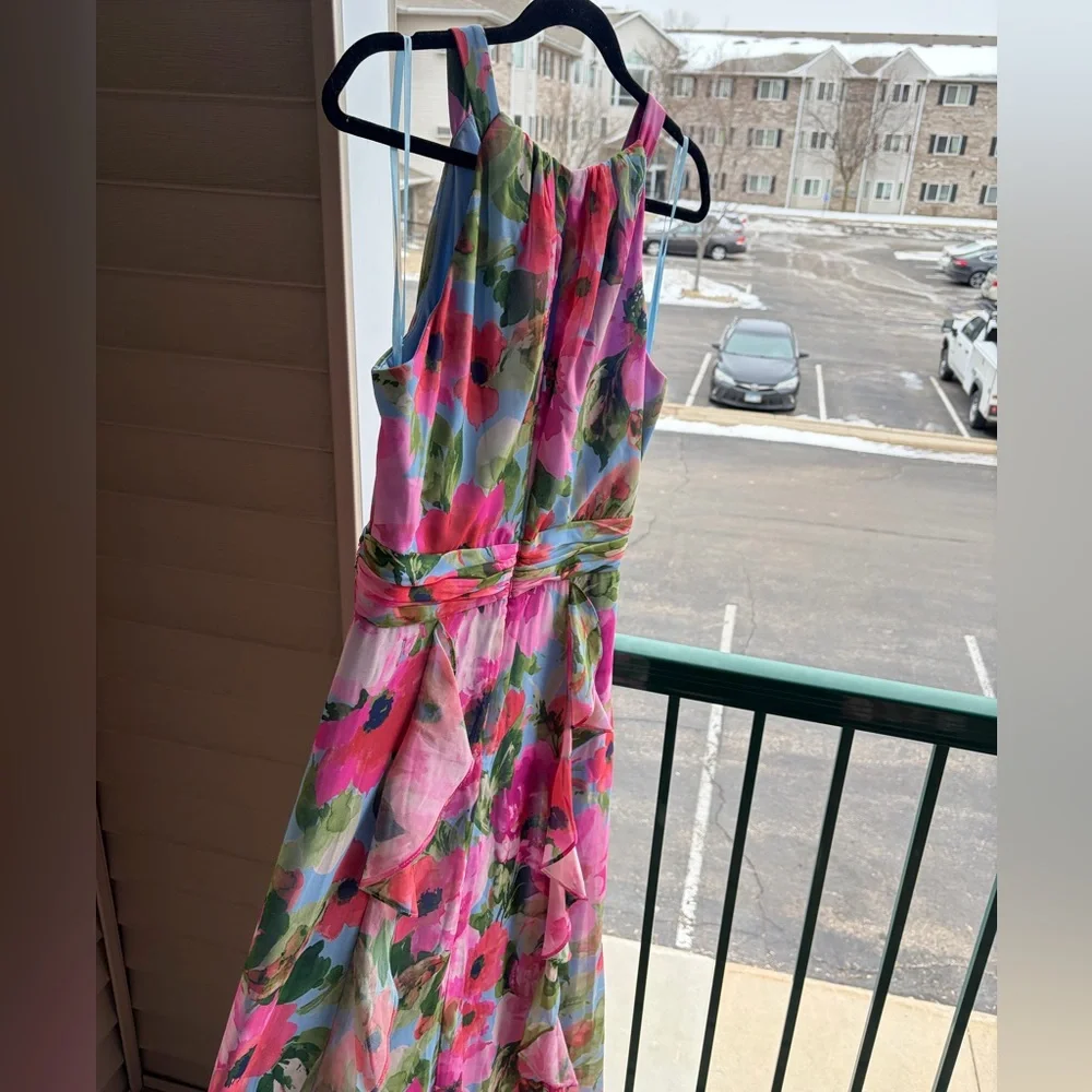 🆕 Xscape Floral Chiffon Halter Maxi Dress Size 12 Pink Blue Ruffle Formal Gown - Picture 6 of 17
